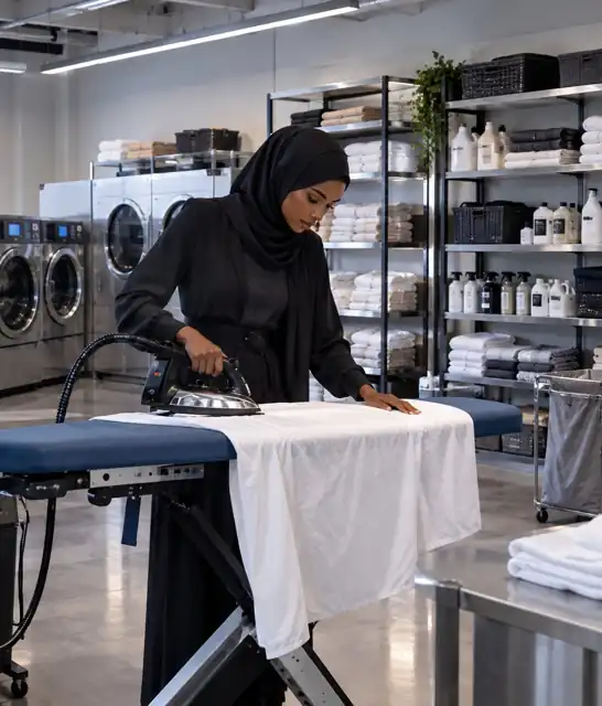 Hawa Sidibé repassant un drap blanc dans l'atelier de blanchisserie